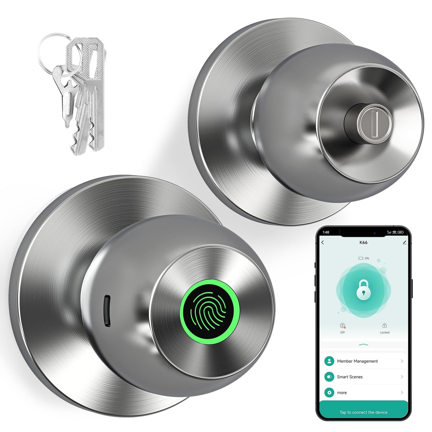 52HZ Smart Fingerprint Door Lock, 3 in 1 Finger Print Door Knob with Tuya App Control & Key, Auto Lock, Thumbprint Keyless Entry Door Lock for Front Door, Home, Apartment, Office, Satin Nickel