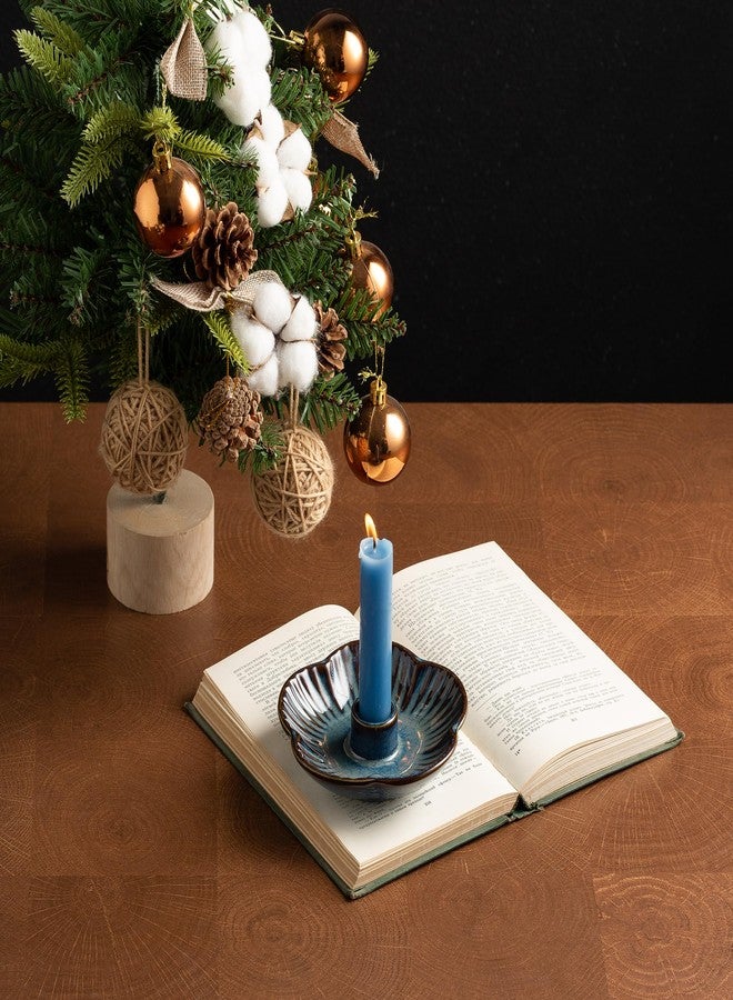 Mecaikru Ceramic Candle Holders Taper Candlestick Holder Flower Plate Tray for Candles, Incense, Santo Palo, Christmas Wedding Anniversary Party Home Decor (Blue) - Image 2