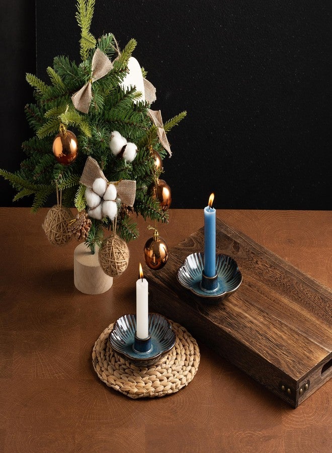Mecaikru Ceramic Candle Holders Taper Candlestick Holder Flower Plate Tray for Candles, Incense, Santo Palo, Christmas Wedding Anniversary Party Home Decor (Blue) - Image 4