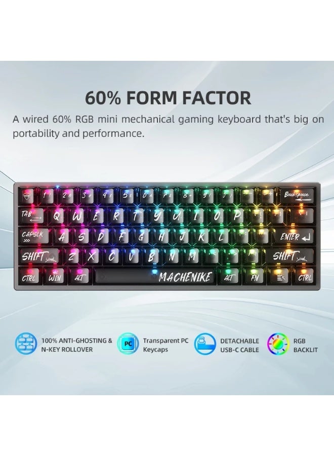 Machenike K500 B61 Wired Mechanical Keyboard, Transparent PC Keycaps RGB Backlit 61 keys Hot-Swappable Gaming Keyboard - Image 2