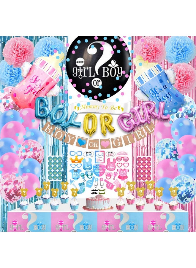 Bluegogo 124 Pcs Gender Reveal Decorations Kit, Gender Reveal Party Supplies with 36'' Gender Reveal Balloon Boy OR Girl Foil Balloon Paper Pompoms Tablecloth Photo Props for Gender Reveal Party Decorations  - Image 1