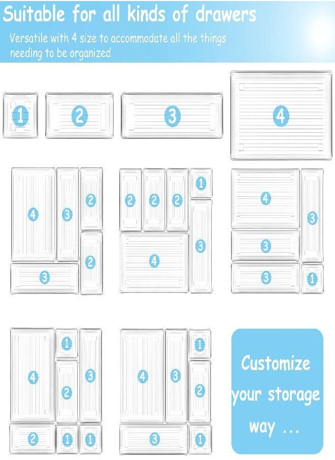 DCA - DCA 28 PCS Clear Plastic Drawer Organizer Set, 4-Size Versatile Bathroom and Vanity Drawer Organizer Trays, Storage Bins for Makeup, Jewelries, Kitchen Utensils and Office - Image 1