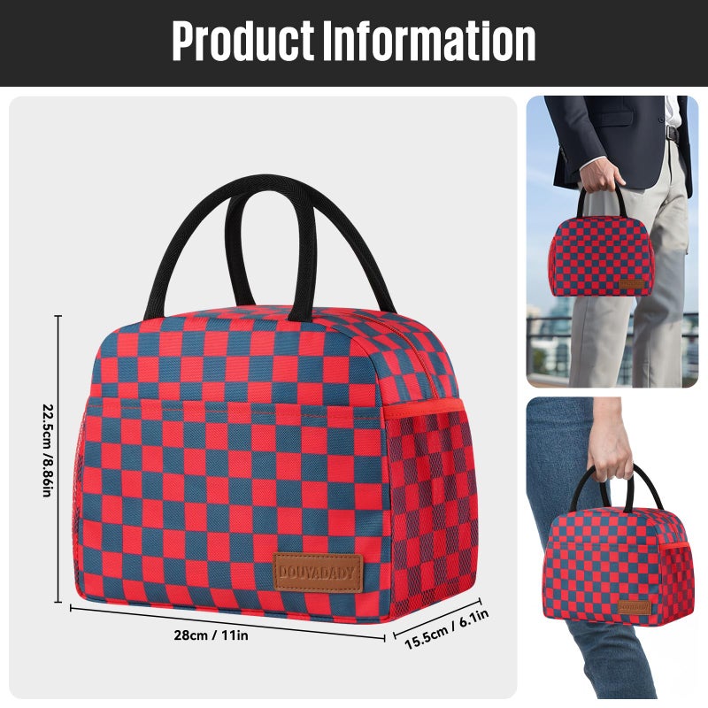 douyadady Lunch Bag Women/Men Lunch Box Women/Men (Dark blue+Red Checkerboard) - Image 2