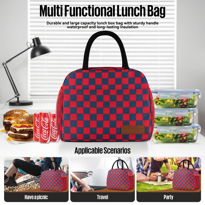 douyadady Lunch Bag Women/Men Lunch Box Women/Men (Dark blue+Red Checkerboard) - Image 3