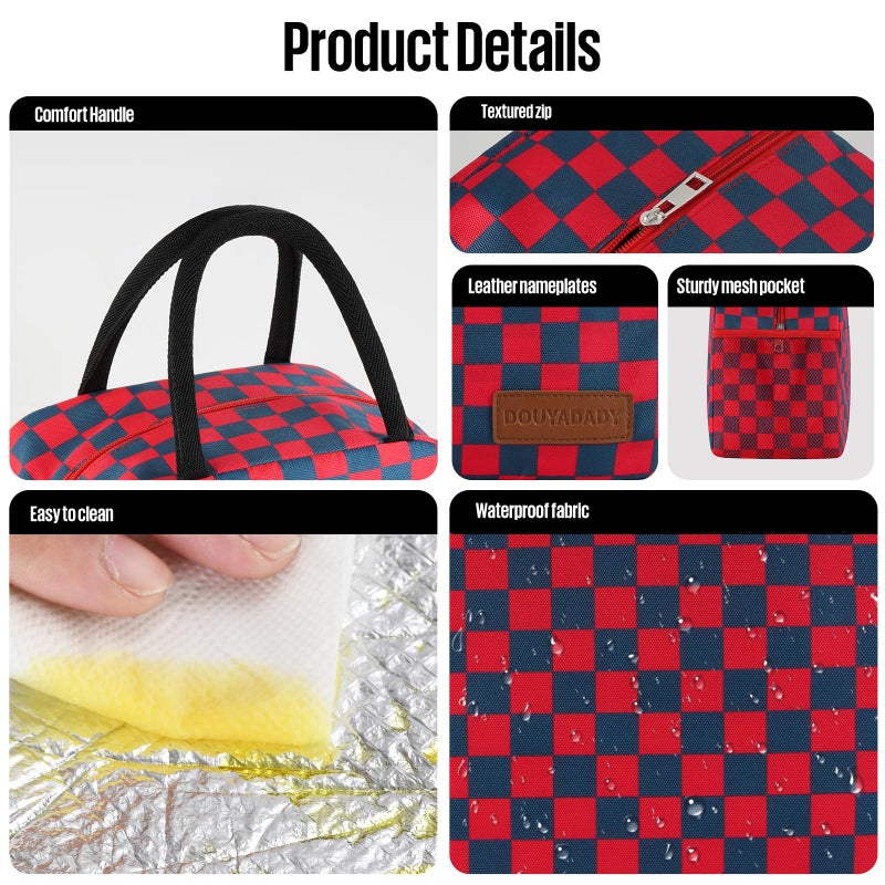 douyadady Lunch Bag Women/Men Lunch Box Women/Men (Dark blue+Red Checkerboard) - Image 4