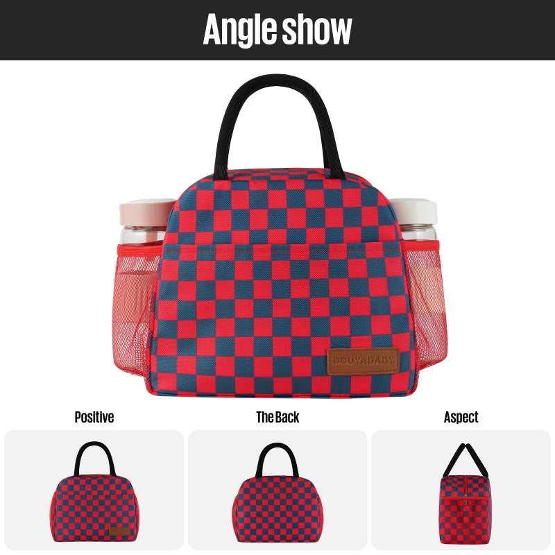 douyadady Lunch Bag Women/Men Lunch Box Women/Men (Dark blue+Red Checkerboard) - Image 5