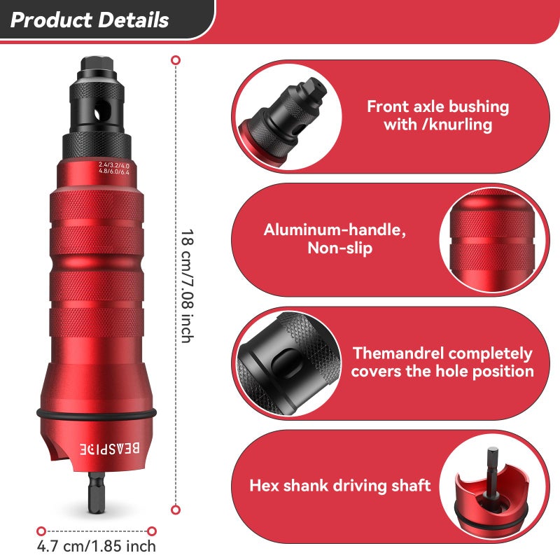Beaspire Cordless Rivet Gun Adapter - Electric Rivet Drill Adapter Kit 2.4mm-6.4mm, Rivet Gun Kit with 6 Interchangeable Rivet Heads and 30 Blind Rivets, Easy processing for Pop Rivets - Image 3