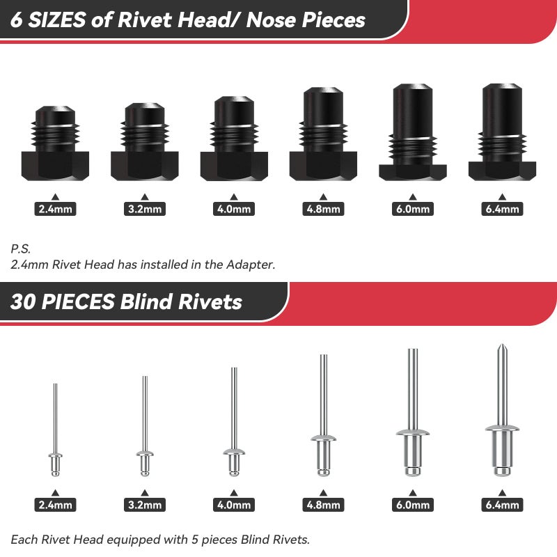 Beaspire Cordless Rivet Gun Adapter - Electric Rivet Drill Adapter Kit 2.4mm-6.4mm, Rivet Gun Kit with 6 Interchangeable Rivet Heads and 30 Blind Rivets, Easy processing for Pop Rivets - Image 2