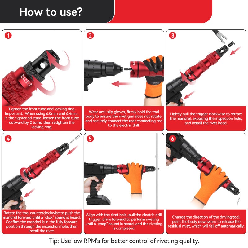 Beaspire Cordless Rivet Gun Adapter - Electric Rivet Drill Adapter Kit 2.4mm-6.4mm, Rivet Gun Kit with 6 Interchangeable Rivet Heads and 30 Blind Rivets, Easy processing for Pop Rivets - Image 4
