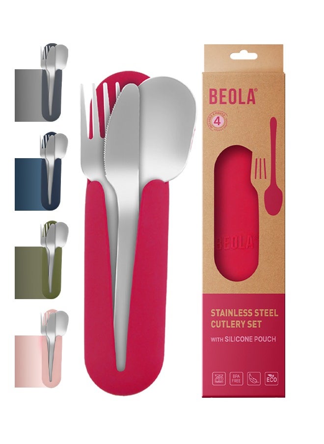 BEOLA Stainless Steel Cutlery Set, Travel Utensils Set with Silicone Case Pouch, Fork Spoon Knife Camping Set, Cutlery Set for Kids School, Set of 4 (Raspberry)  - Image 1
