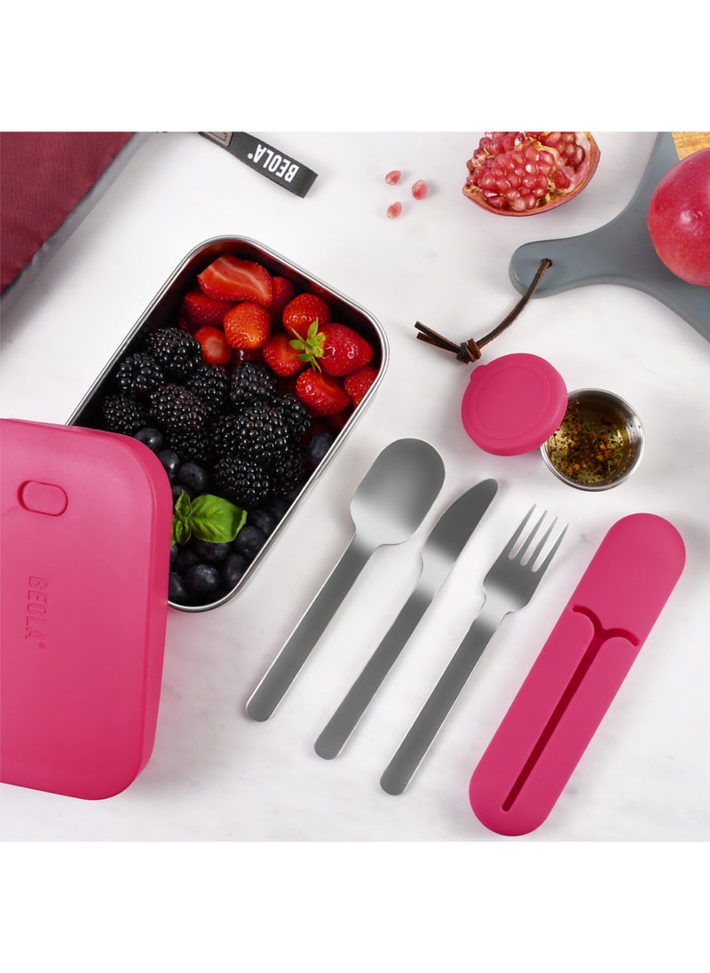 BEOLA Stainless Steel Cutlery Set, Travel Utensils Set with Silicone Case Pouch, Fork Spoon Knife Camping Set, Cutlery Set for Kids School, Set of 4 (Raspberry)  - Image 4
