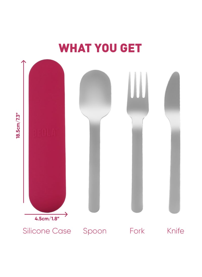 BEOLA Stainless Steel Cutlery Set, Travel Utensils Set with Silicone Case Pouch, Fork Spoon Knife Camping Set, Cutlery Set for Kids School, Set of 4 (Raspberry)  - Image 2
