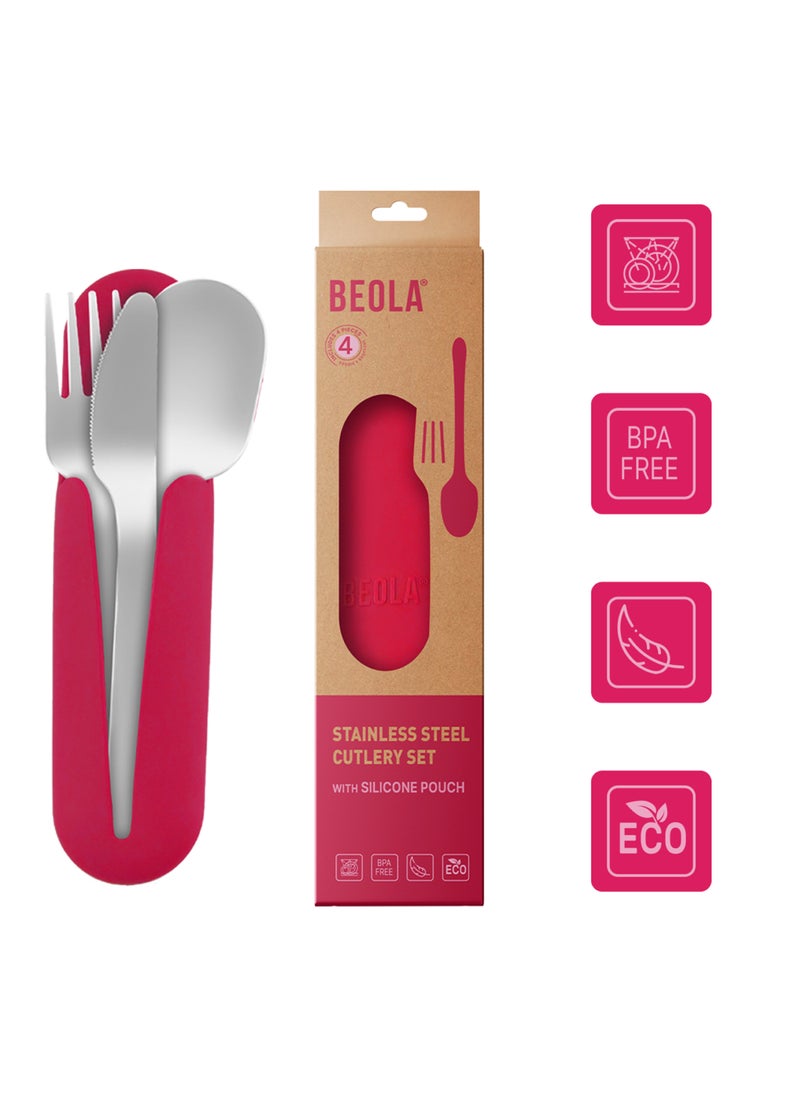 BEOLA Stainless Steel Cutlery Set, Travel Utensils Set with Silicone Case Pouch, Fork Spoon Knife Camping Set, Cutlery Set for Kids School, Set of 4 (Raspberry)  - Image 3