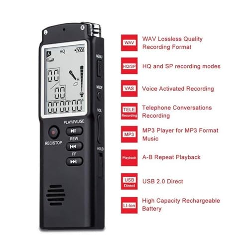 RFV1 8GB Digital Voice Recorder Professional USB Rechargeable Dictaphone LCD Recorder with Speaker Multifunctional Digital Audio and MP3 Music Player (Black) - Image 4