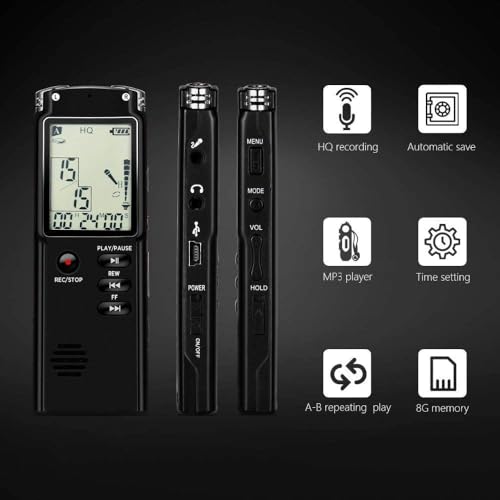 RFV1 8GB Digital Voice Recorder Professional USB Rechargeable Dictaphone LCD Recorder with Speaker Multifunctional Digital Audio and MP3 Music Player (Black) - Image 2
