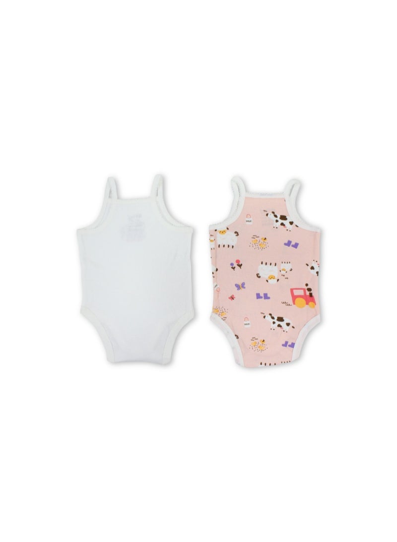 Baby Girls Cotton Sleeveless Bodysuit – Salmon & Off-White with Farm Animals Print - Image 2