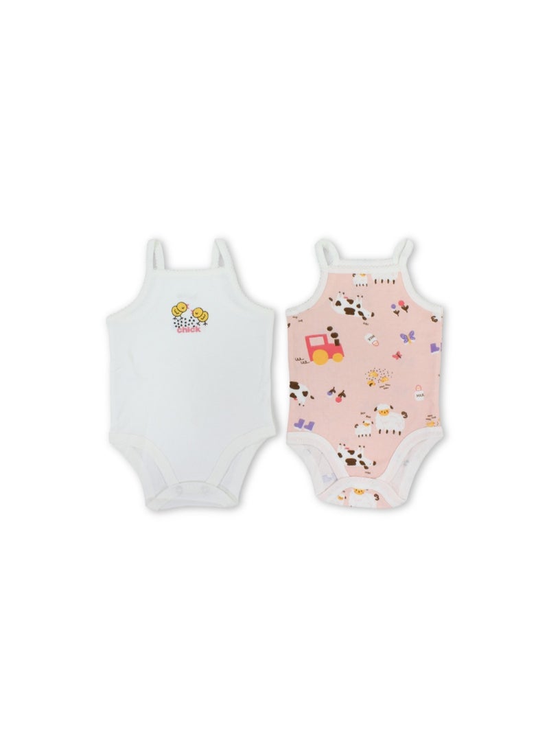 Baby Girls Cotton Sleeveless Bodysuit – Salmon & Off-White with Farm Animals Print - Image 1