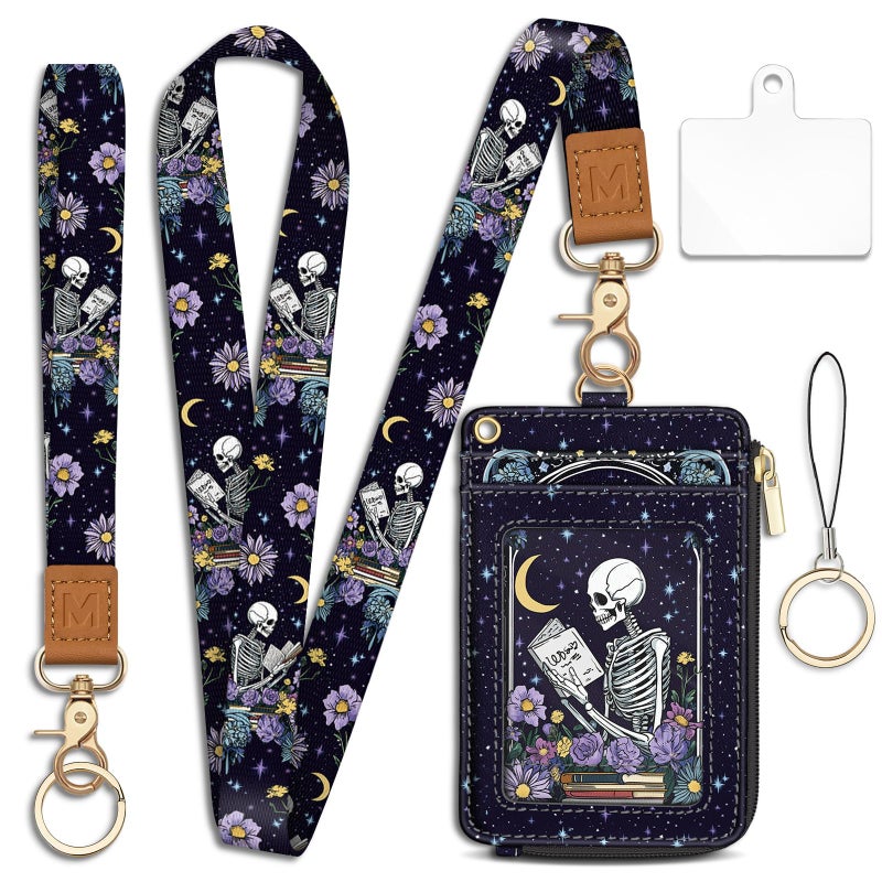 Piefly Goth Skeleton Book Lanyard Wallet with ID Badge Holder, Flowers Moon Star Small RFID Wallet Women Keychain Wristlet, Slim Credit Card Holder with Zipper Pocket Phone Lanyard Wrist Strap Office Teacher - Image 1