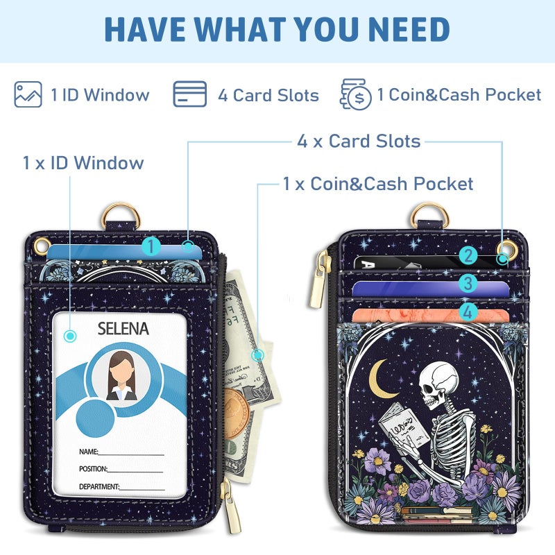 Piefly Goth Skeleton Book Lanyard Wallet with ID Badge Holder, Flowers Moon Star Small RFID Wallet Women Keychain Wristlet, Slim Credit Card Holder with Zipper Pocket Phone Lanyard Wrist Strap Office Teacher - Image 3