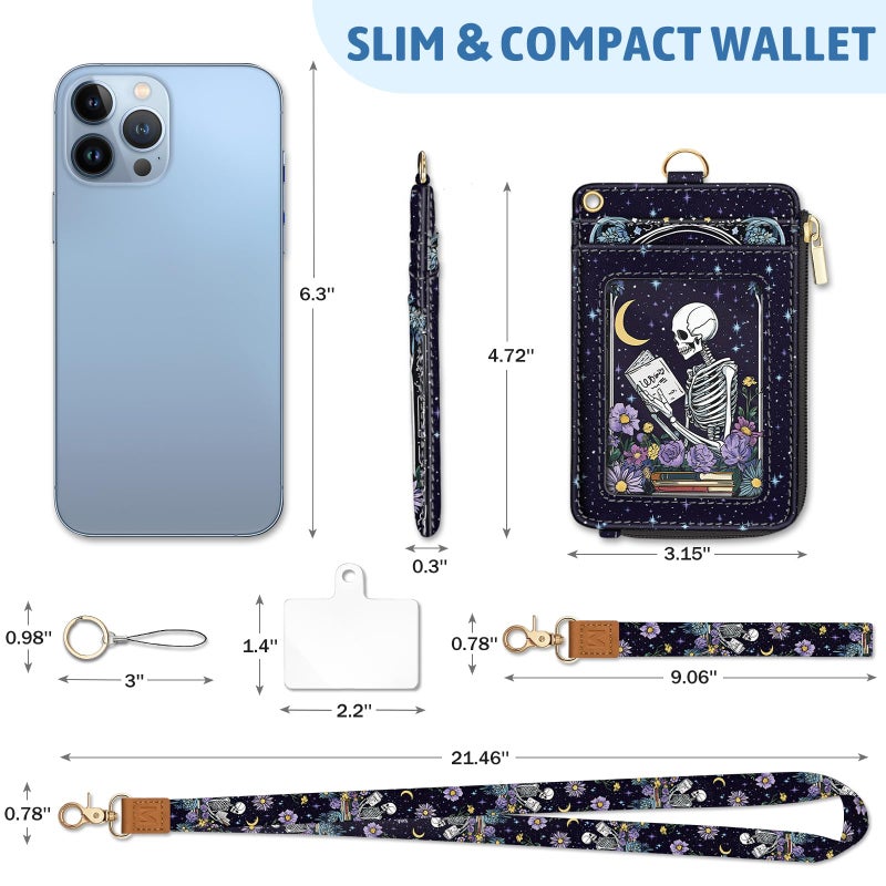 Piefly Goth Skeleton Book Lanyard Wallet with ID Badge Holder, Flowers Moon Star Small RFID Wallet Women Keychain Wristlet, Slim Credit Card Holder with Zipper Pocket Phone Lanyard Wrist Strap Office Teacher - Image 4