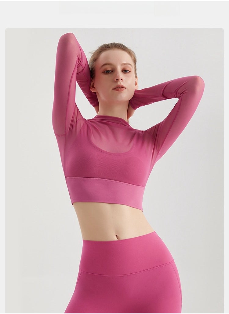 Generic - Female Cross Thin Suspender Fashion Mesh Breathable Long Sleeved Fake Two-Piece Yoga Suit - Image 1