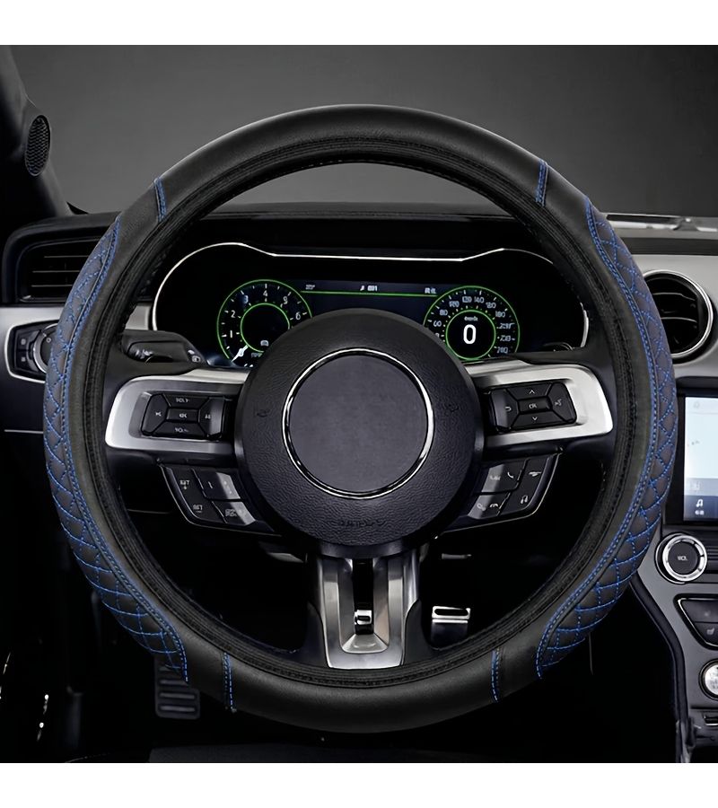 Padded Thickened PU Leather Steering Wheel Cover With Blue Lines Anti Slip Soft Non Slip Grip For All Cars Comfortable Driving Interior Accessory - Image 2