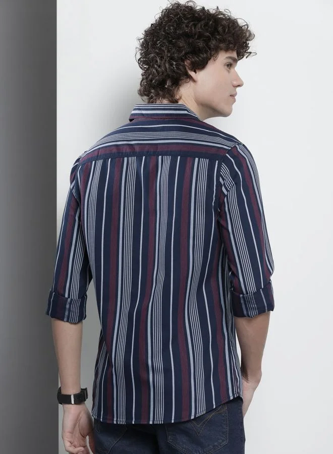 شركة المرآب الهندية قميص رجالي كاجوال بأكمام طويلة وخطوط وياقة قصة مفتوحة