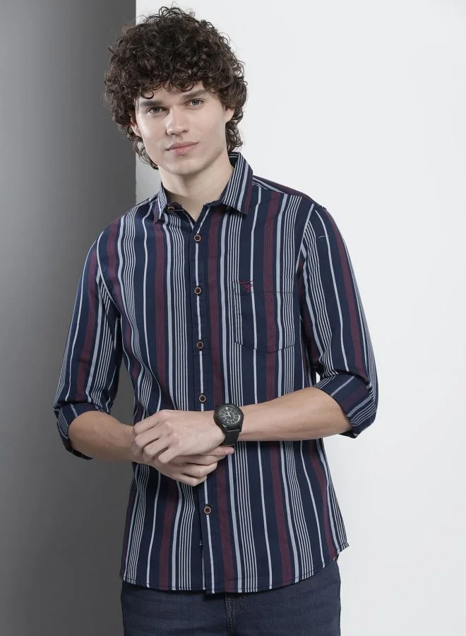 شركة المرآب الهندية قميص رجالي كاجوال بأكمام طويلة وخطوط وياقة قصة مفتوحة