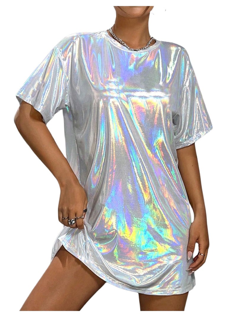 SHENHE Women's Y2k Shiny Holographic Short Sleeve Metallic Party Disco Oversized Tshirt Dress White Medium - Image 1