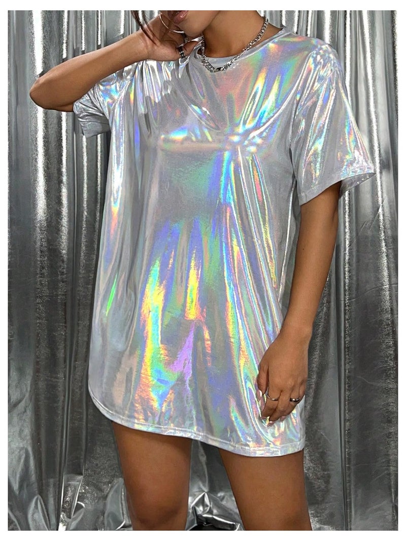 SHENHE Women's Y2k Shiny Holographic Short Sleeve Metallic Party Disco Oversized Tshirt Dress White Medium - Image 2