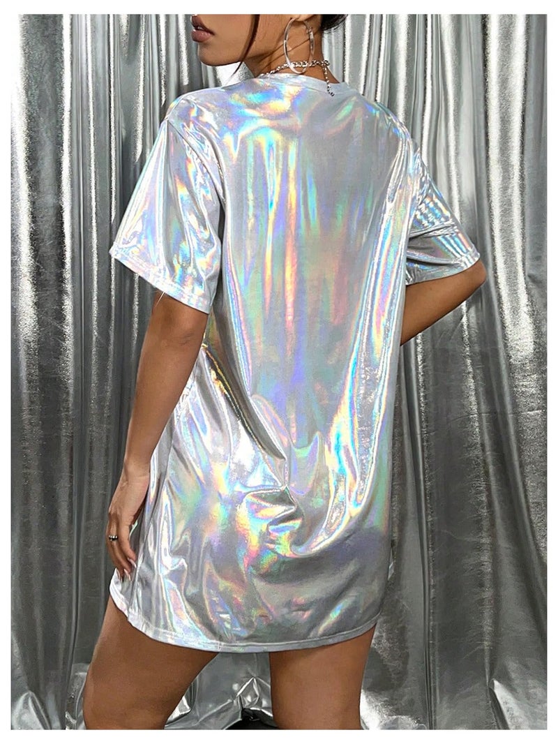 SHENHE Women's Y2k Shiny Holographic Short Sleeve Metallic Party Disco Oversized Tshirt Dress White Medium - Image 3