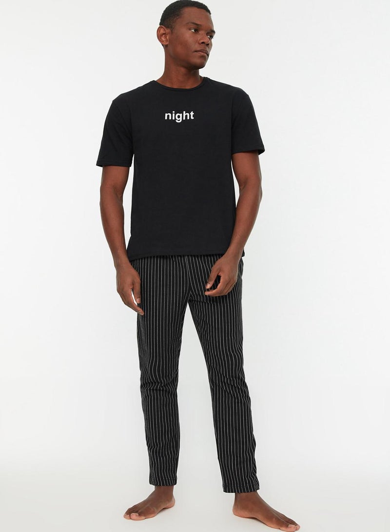 trendyol Black Printed Regular Fit Knitted Pajama Set - Image 1