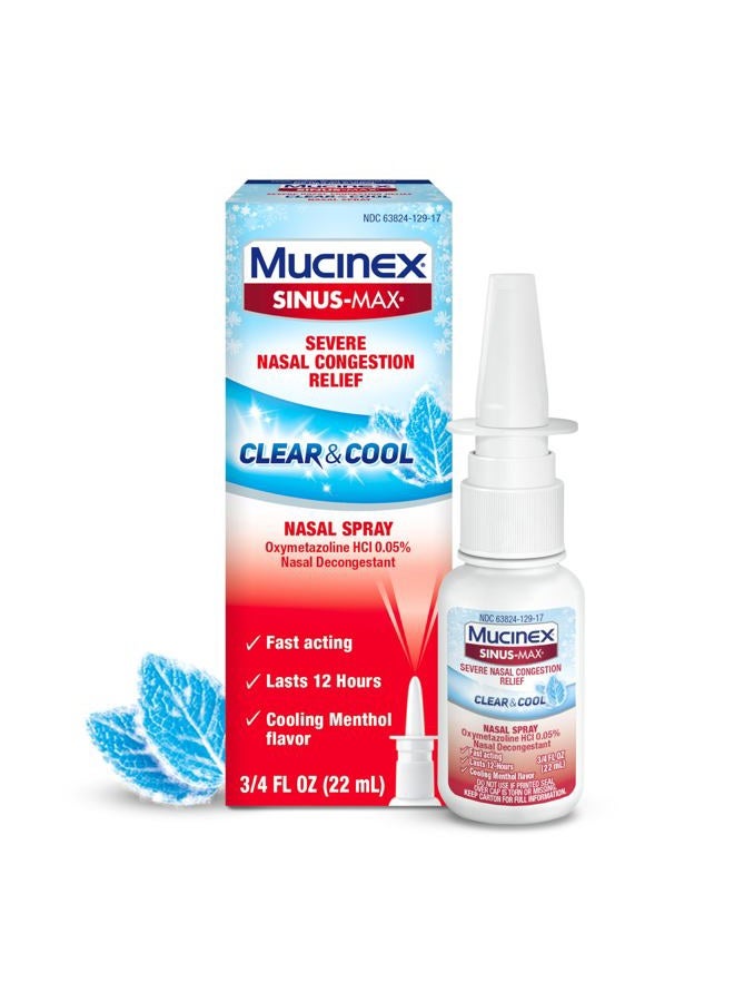 MUCINEX بخاخ أنف سينوس-ماكس مزيل الاحتقان، دواء بدون وصفة طبية لمدة 12 ساعة لتخفيف احتقان الجيوب الأنفية، مزيلات احتقان الأنف للبالغين واحتقان الجيوب الأنفية، منتج مهدئ بالمنثول، 0.75 أونصة سائلة - Image 1