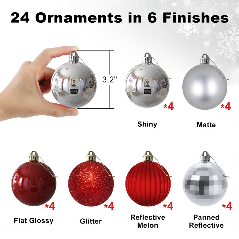 GameXcel Silver & Red 3.2"" Large Christmas Balls - Christmas Tree Decoration Ornaments Shatterproof Hanging Balls For Birthday Halloween Holiday Wedding Decorations Set Of 24Pcs - Image 2
