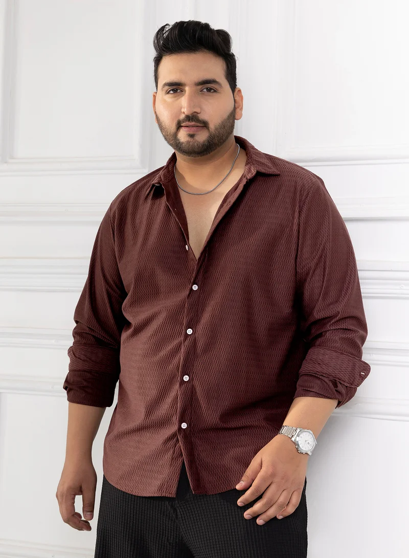 Instafab Plus Instafab Plus Men's Chocolate Brown Solid Honeycomb Shirt For Casual Wear | Spread Collar | Long Cuffed Sleeves | Button Closure | Plus Size Shirt Crafted With Comfort Fit For Everyday Wear