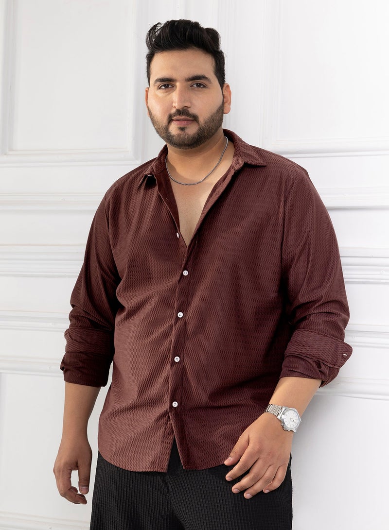 Instafab Plus Men's Chocolate Brown Solid Honeycomb Shirt For Casual Wear | Spread Collar | Long Cuffed Sleeves | Button Closure | Plus Size Shirt Crafted With Comfort Fit For Everyday Wear - Image 1