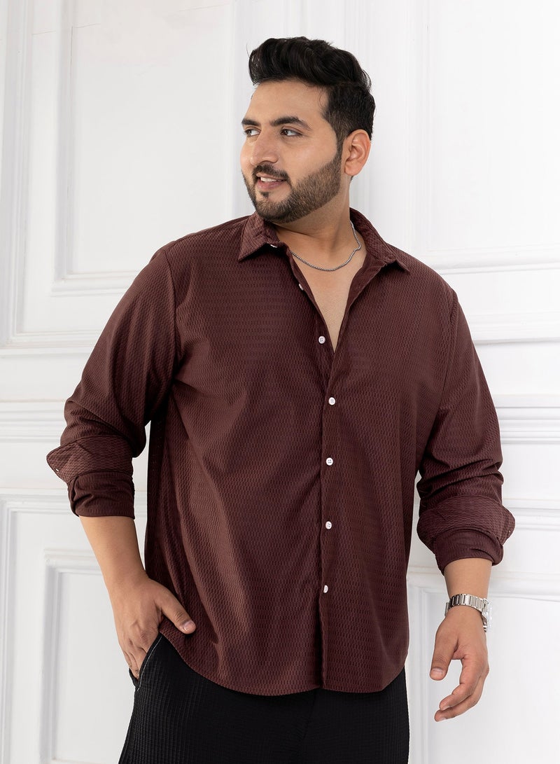 Instafab Plus Men's Chocolate Brown Solid Honeycomb Shirt For Casual Wear | Spread Collar | Long Cuffed Sleeves | Button Closure | Plus Size Shirt Crafted With Comfort Fit For Everyday Wear - Image 3
