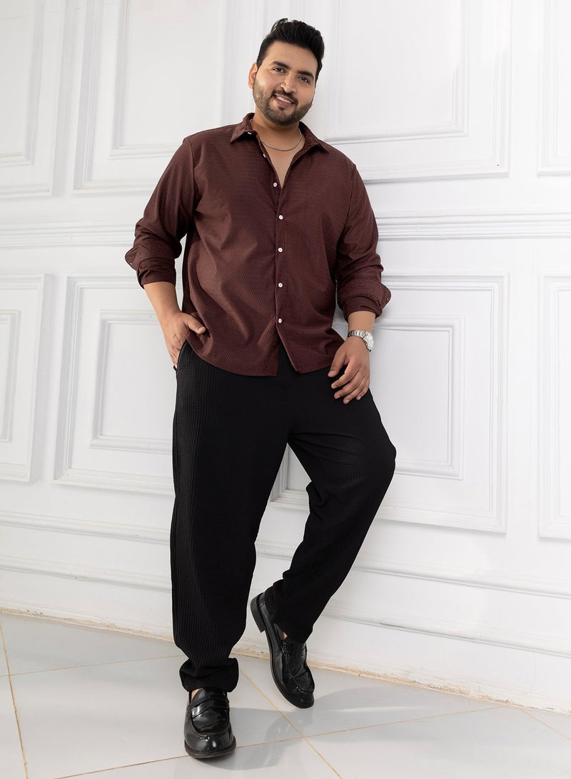 Instafab Plus Men's Chocolate Brown Solid Honeycomb Shirt For Casual Wear | Spread Collar | Long Cuffed Sleeves | Button Closure | Plus Size Shirt Crafted With Comfort Fit For Everyday Wear - Image 5
