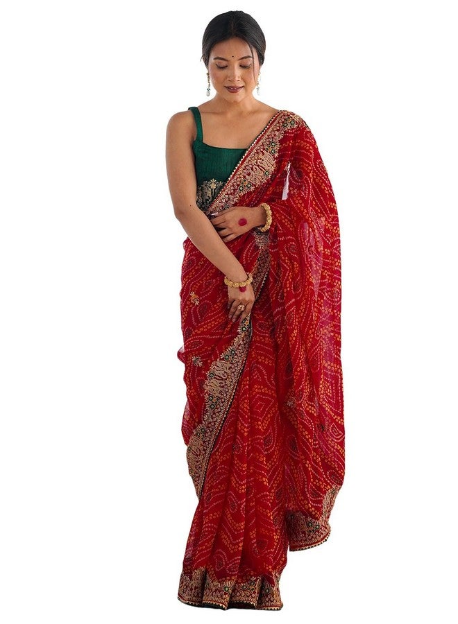 Satrani Women's Georgette Bandhani Printed Embroidery Saree with Unstitched Blouse Piece (4132S134N_Red) - Image 1
