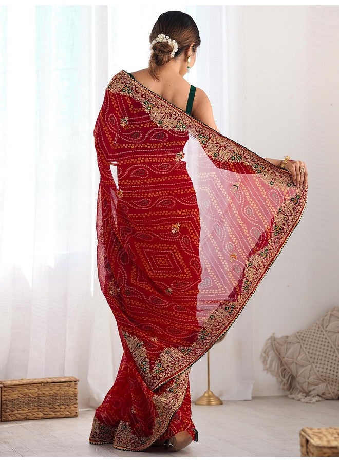 Satrani Women's Georgette Bandhani Printed Embroidery Saree with Unstitched Blouse Piece (4132S134N_Red) - Image 3