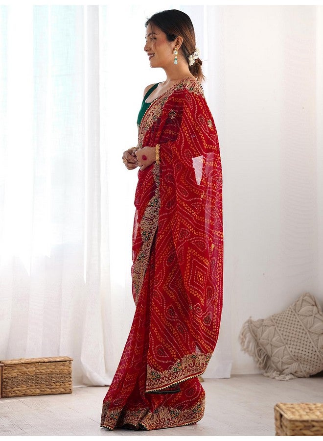Satrani Women's Georgette Bandhani Printed Embroidery Saree with Unstitched Blouse Piece (4132S134N_Red) - Image 2