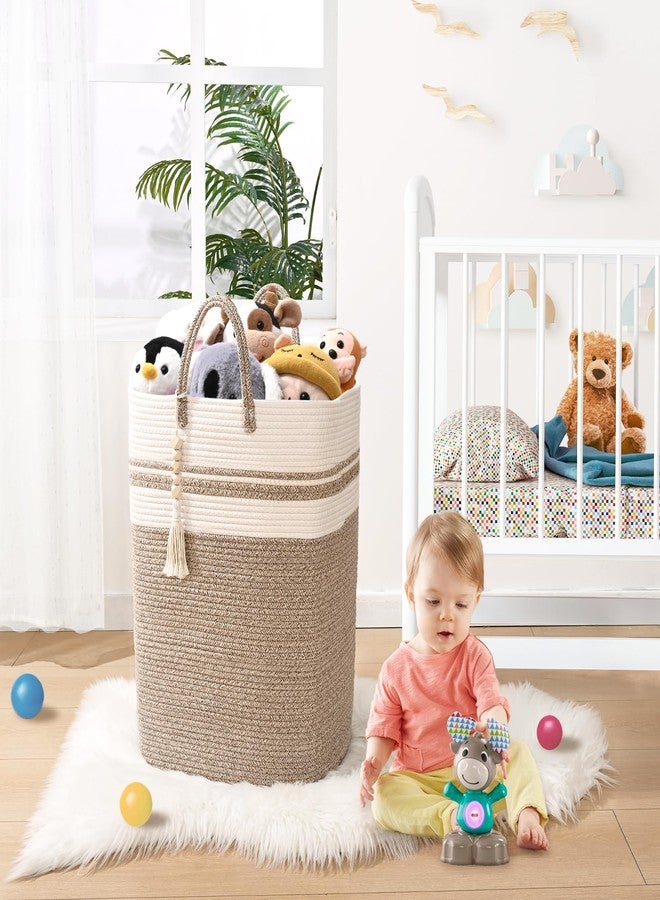 Brishtl® Woven Laundry Basket For Clothes, 90L Large Rectangle Laundry Hampers With Beads Tassel, Nursery Storage Basket For Toys, Tall Dirty Clothes Hamper For Bedroom, Laundry Room (Brown&White) - Image 2