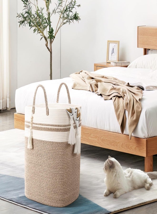 Brishtl® Woven Laundry Basket For Clothes, 90L Large Rectangle Laundry Hampers With Beads Tassel, Nursery Storage Basket For Toys, Tall Dirty Clothes Hamper For Bedroom, Laundry Room (Brown&White) - Image 5