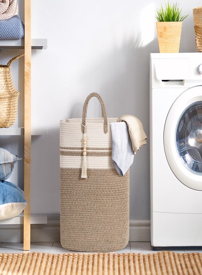 Brishtl® Woven Laundry Basket For Clothes, 90L Large Rectangle Laundry Hampers With Beads Tassel, Nursery Storage Basket For Toys, Tall Dirty Clothes Hamper For Bedroom, Laundry Room (Brown&White) - Image 4