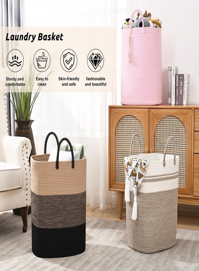 Brishtl® Woven Laundry Basket For Clothes, 90L Large Rectangle Laundry Hampers With Beads Tassel, Nursery Storage Basket For Toys, Tall Dirty Clothes Hamper For Bedroom, Laundry Room (Brown&White) - Image 3