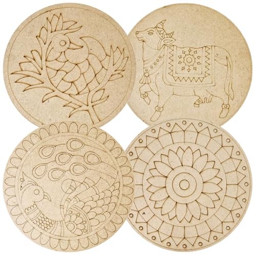 Kraftella Lippan Art Mandala Art Materials Diy Kit With Four Designs Premarked Mdf Board (4 Pcs Premarked Art Board, Diwali Decoration For Home Decor Engraved Painting MDF Base for DIY Decorations, Festival Gift, Wedding Decorations 8. inch - Image 1