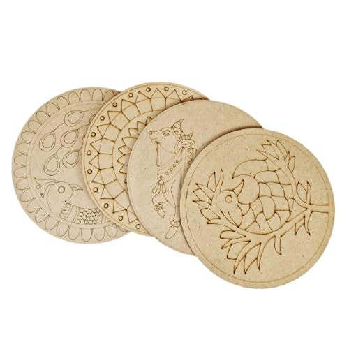 Kraftella Lippan Art Mandala Art Materials Diy Kit With Four Designs Premarked Mdf Board (4 Pcs Premarked Art Board, Diwali Decoration For Home Decor Engraved Painting MDF Base for DIY Decorations, Festival Gift, Wedding Decorations 8. inch - Image 2