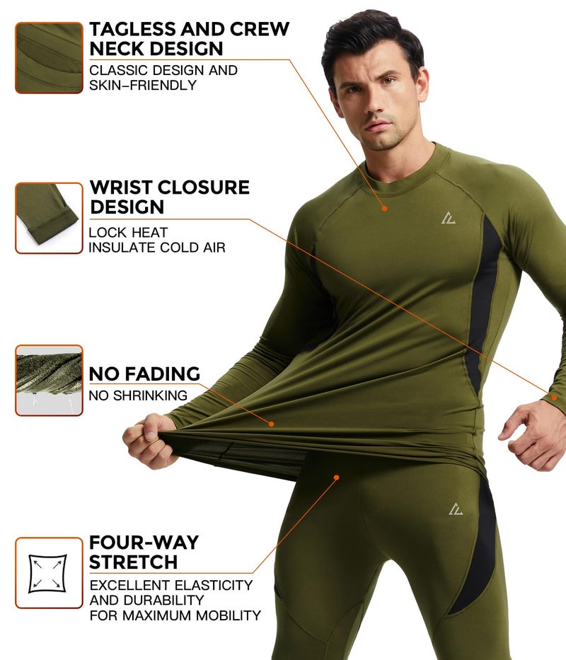CL convallaria Thermal Underwear for Men, Winter Hunting Gear Sport Long Johns Base Layer Top and Bottom Set Midweight Army Green L - Image 2