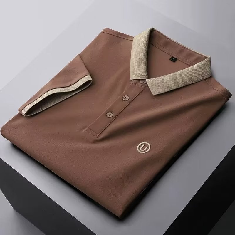 Summer 2023 Mens Casual Business Polo Shirt Brown - Image 1