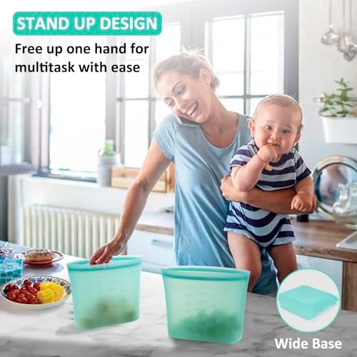 Annaklin Large Reusable Storage Bag, 4 Pack 100% Silicone Food Storage Bags Stand Up Silicone Zip Lock Bags for Food Container, Freezer Microwave Oven Dishwasher Safe, Aqua, 50.7oz/ 1500ml - Image 4
